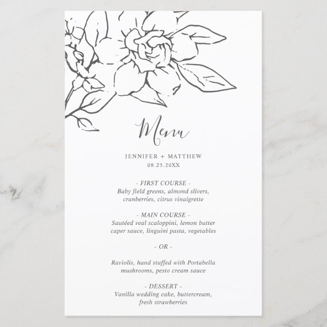 Menu de mariage élégant floral art ligne neutre (Devant)