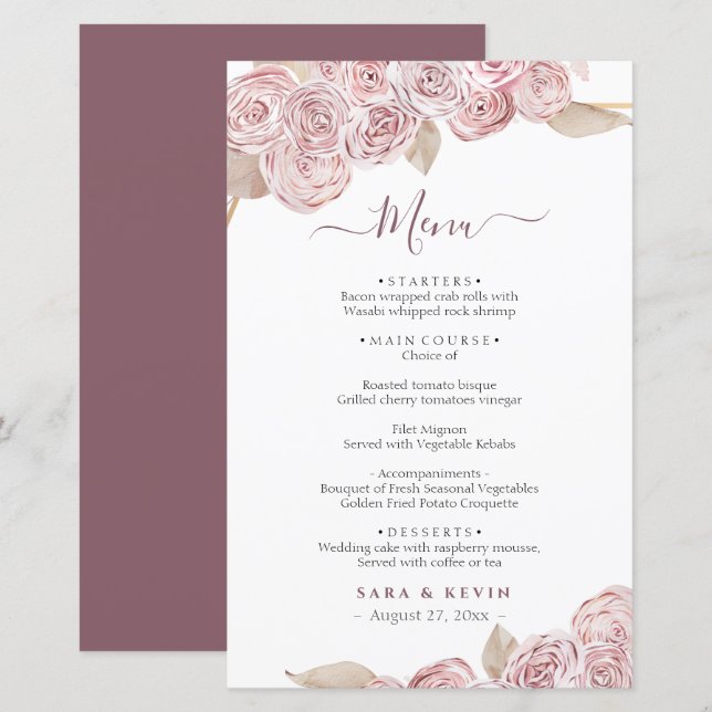 Menu de mariage élégant floral vanille rose (Devant / Derrière)