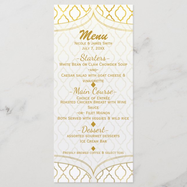 Menu de mariage élégant marocain or et blanc (Devant)