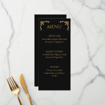 Menu de mariage Élégant Onyx Noir et Or Flourish