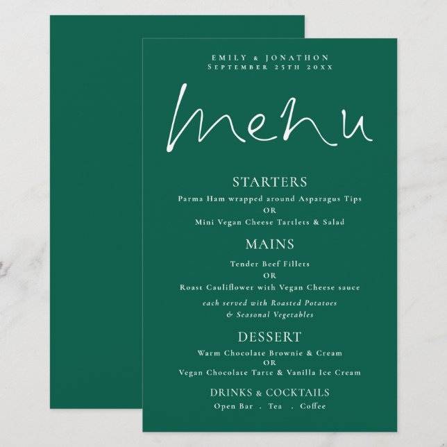 Menu de mariage émeraude à l'écriture élégante et  (Devant / Derrière)