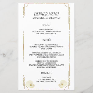 Menu de mariage et dîner avec lys calla et double 