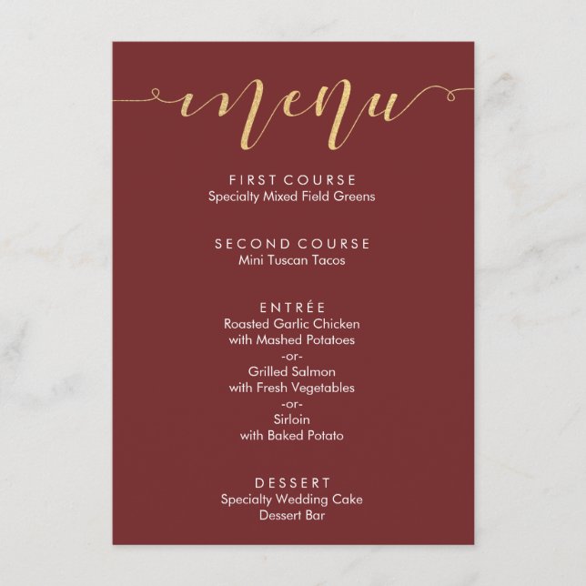 Menu de mariage fantaisie bordeaux et or (Devant)