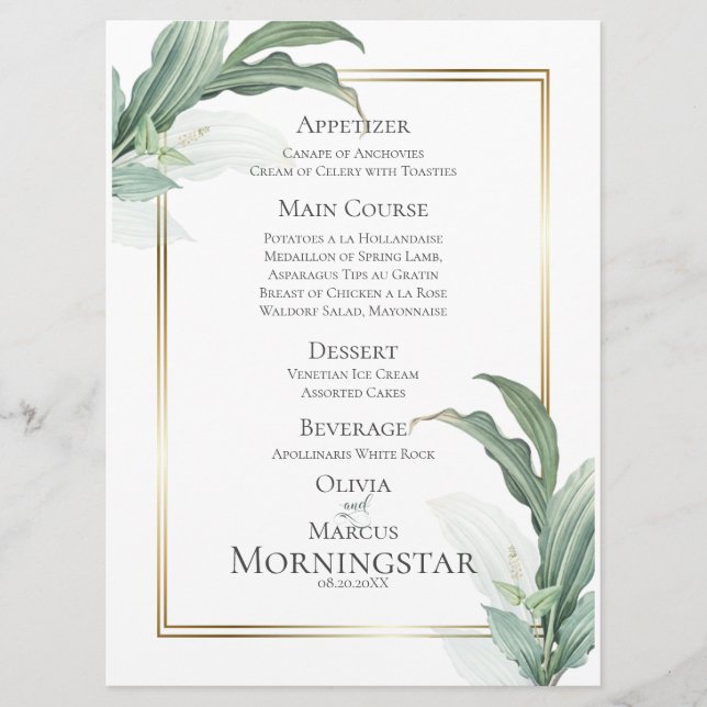 Menu de mariage | Feuilles tropicaux modernes et é (Devant)