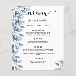 Menu de mariage fleurs botaniques bleues blanches