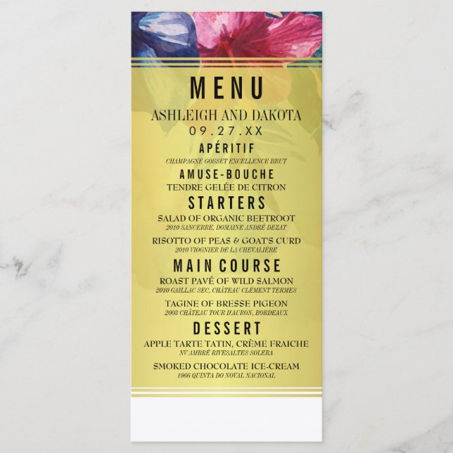 Menu de mariage | Fleurs d'aquarelle tropicale (Devant)