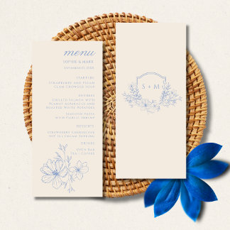 Menu de mariage floral à crête de monogramme bleu 