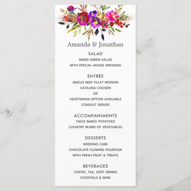 Menu de mariage floral aquarelle (Devant)