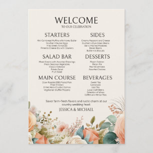 Menu de mariage floral aquarelle crème pêche