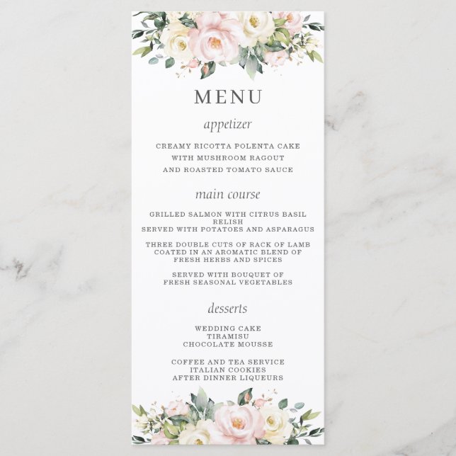 Menu de Mariage floral blanc rose vif (Devant)