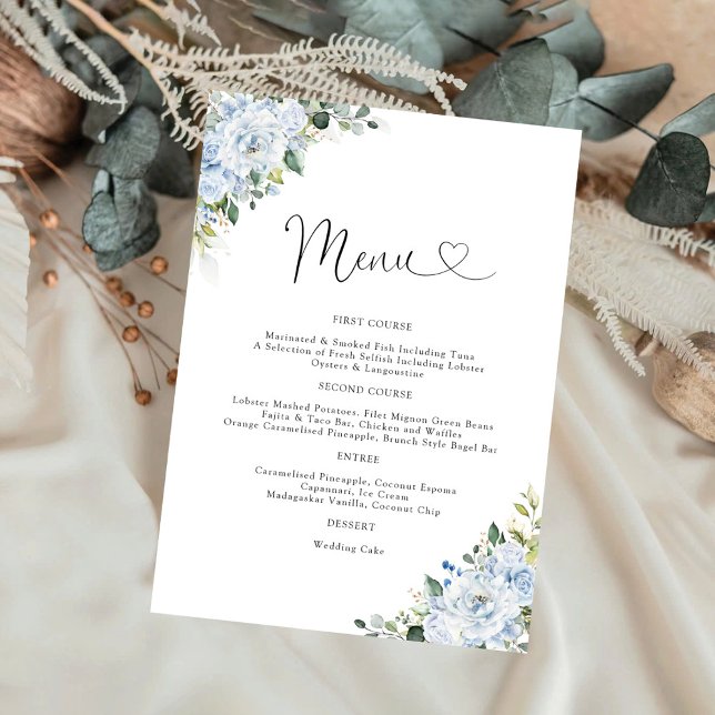 Menu de mariage floral bleu clair romantique (Créateur téléchargé)