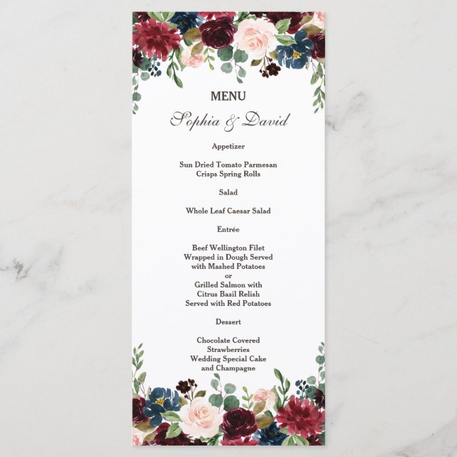 Menu de mariage floral bleu marine Merlot élégant (Devant)