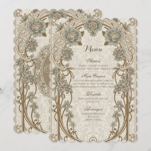 Menu de mariage floral bleu or élégant vintage