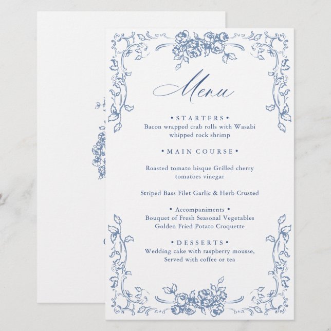 Menu de mariage floral bleu poussiéreux orné de la (Devant / Derrière)