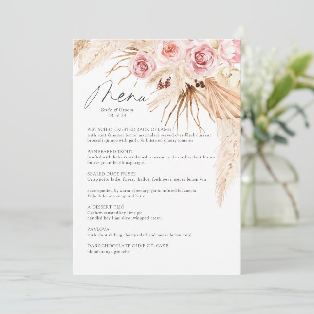 Menu de mariage floral bohème aquarelle avec herbe (Debout devant)