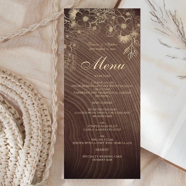 Menu de mariage floral boho en bois rustique (Créateur téléchargé)