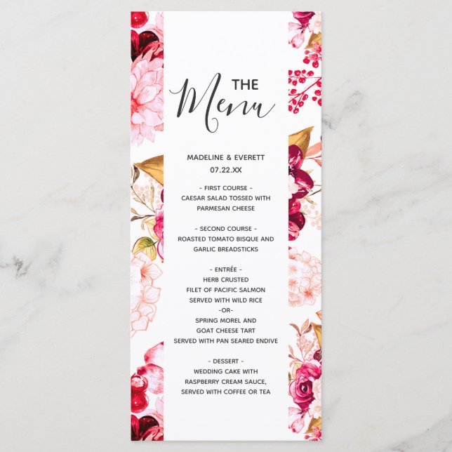 Menu de mariage floral chic bordeaux et rose blush (Devant)