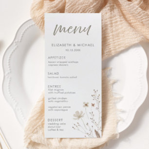 Menu de mariage floral de fleurs sauvages rustique