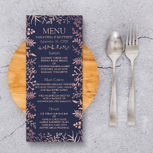 Menu de mariage floral élégant marine et or rose