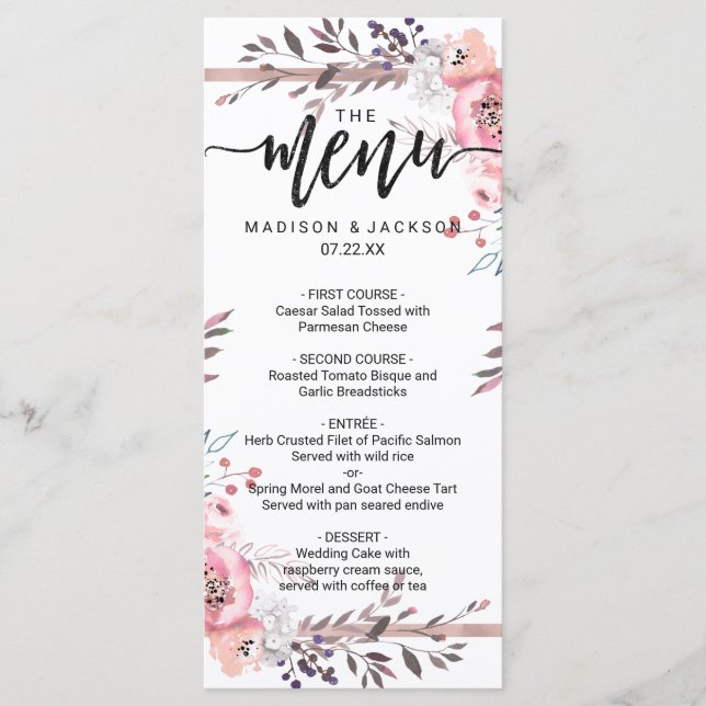 Menu de Mariage floral encadré d'or blanc et Rose (Devant)