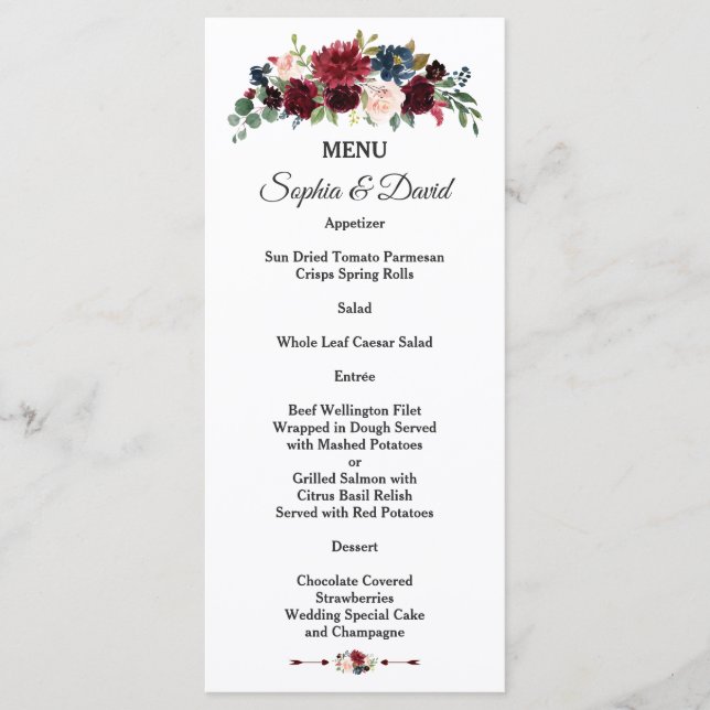 Menu de mariage floral Merlot Navy Blue Charmant (Devant)