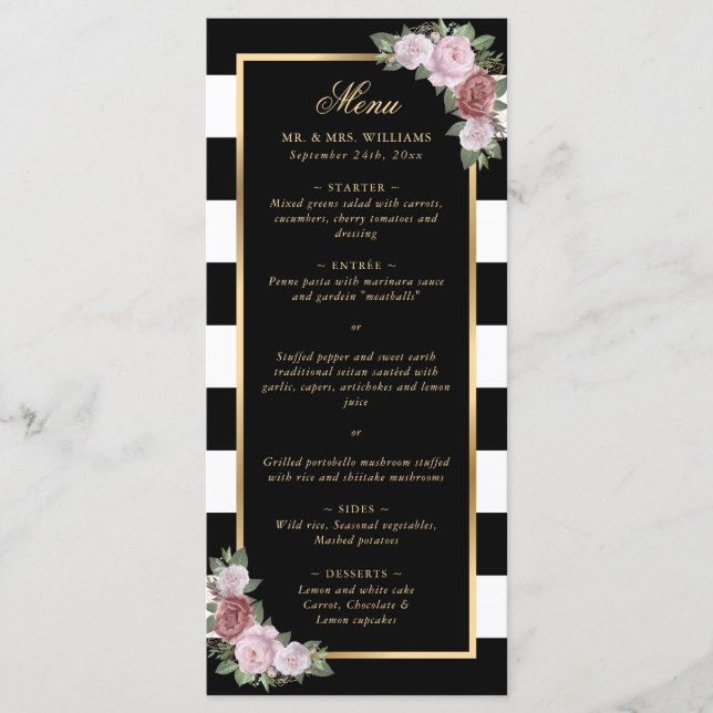 Menu de Mariage Floral Noir Or Blush Rose (Devant)