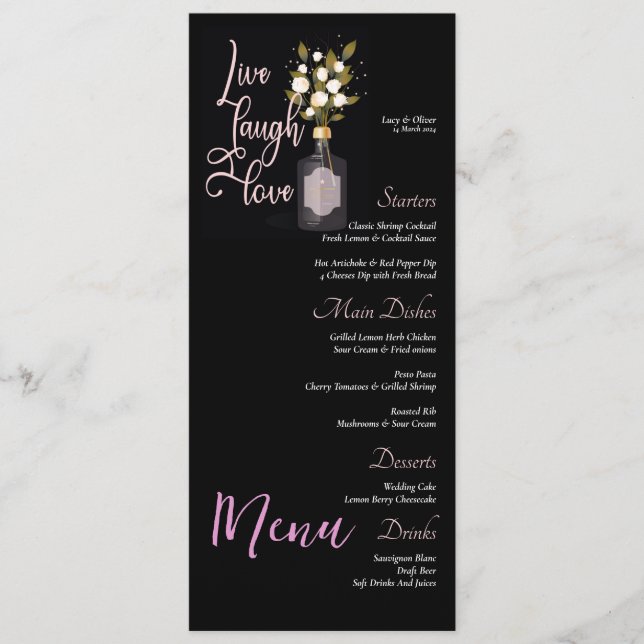 Menu de Mariage floral noir personnalisé avec devi (Devant)