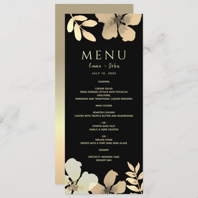 Menu de mariage floral or et noir (Devant / Derrière)