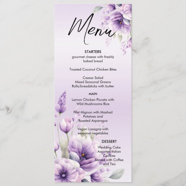 Menu de mariage floral pourpre aquarelle (Devant)