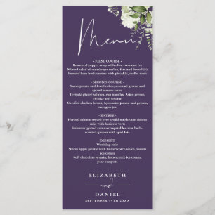 Menu de mariage floral pourpre avec monogramme