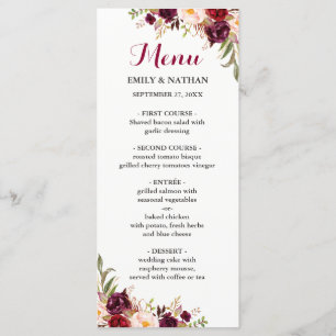 Menu de mariage floral rouge Bourgogne