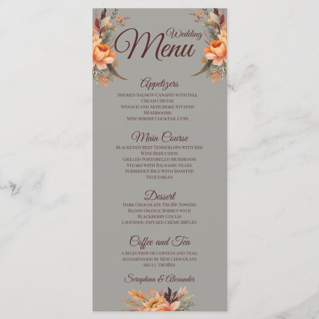 Menu de mariage floral rustique aquarelle d'automn (Devant)