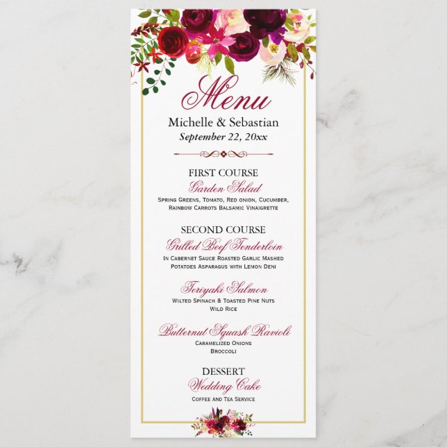 Menu de mariage floral rustique Bourgogne Marsala (Devant)