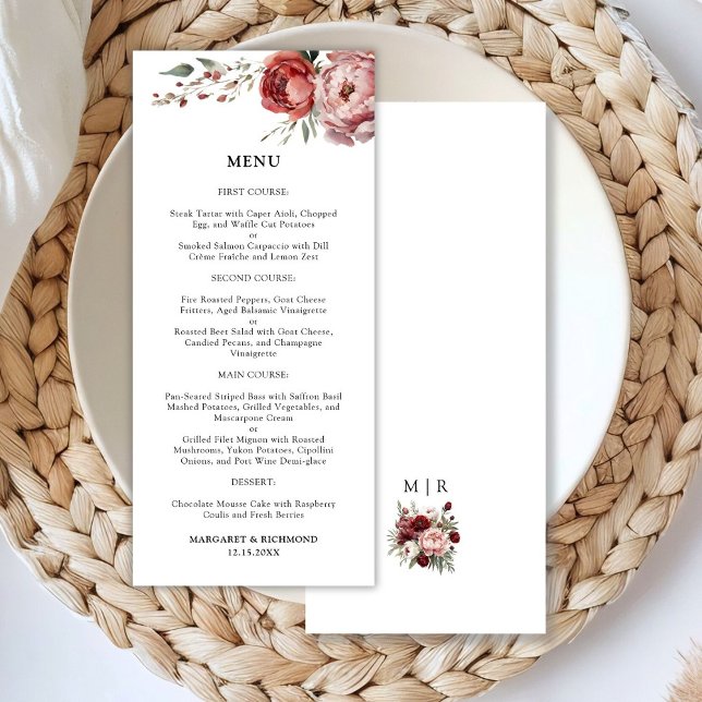 Menu de Mariage floral Rustique moderne Bourgogne (Créateur téléchargé)