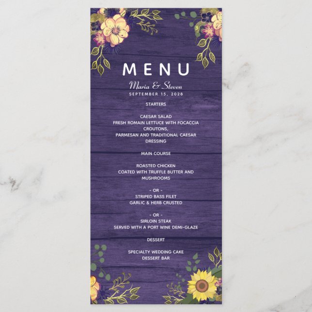 Menu de mariage floral rustique violet (Devant)