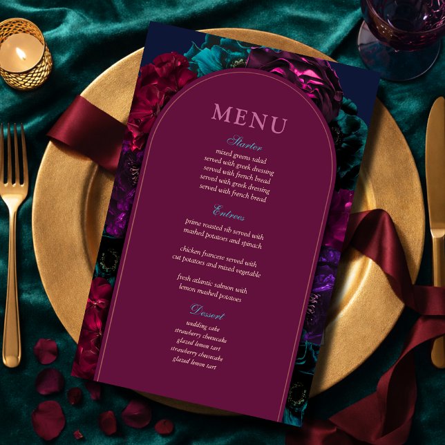 Menu de mariage floral tons de bijoux chic bordeau (Créateur téléchargé)