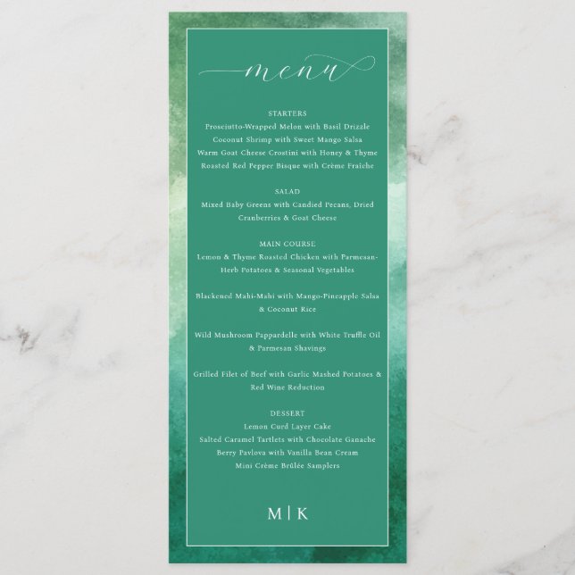 Menu de mariage formel vert élégant (Devant)