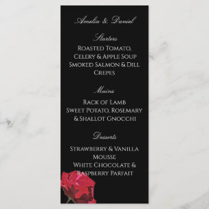 Menu de mariage gothique rose rouge sur fond noir