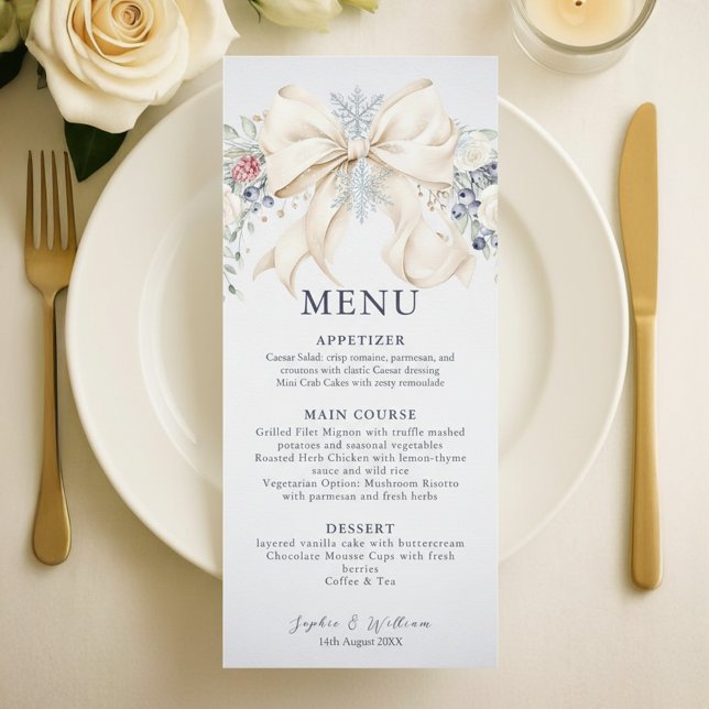Menu de mariage hivernal – Crème, nœud et floral (winter wedding menu)