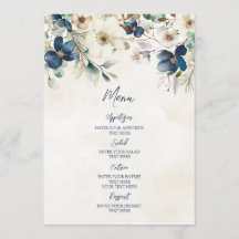 Menu de mariage hivernal floral bleu élégant