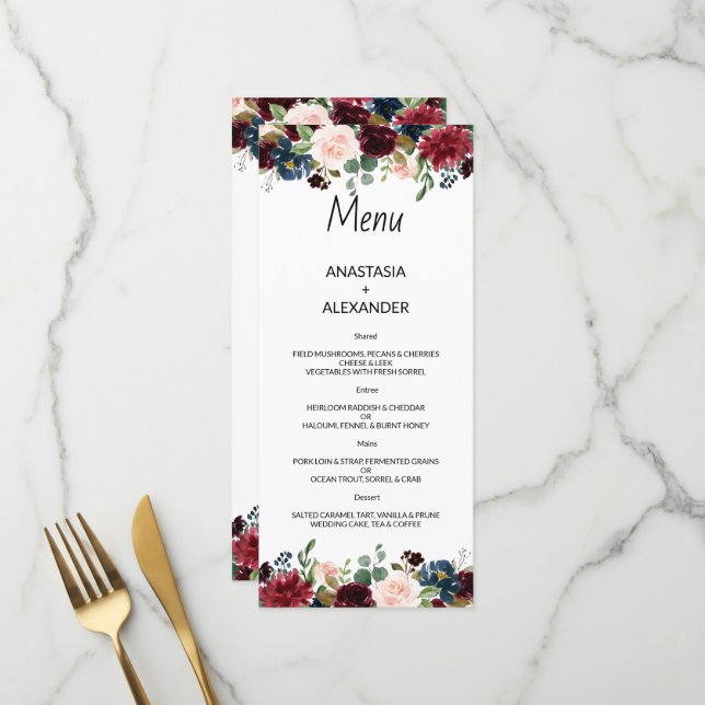 Menu de mariage. MENU (Devant/Arrière en situation)