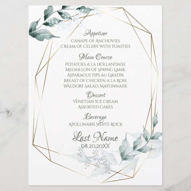 Menu de mariage | Menu Botanique vert Jade grisé (Devant)