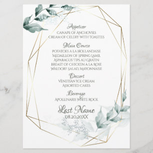 Menu de mariage Menu Botanique vert Jade grisé