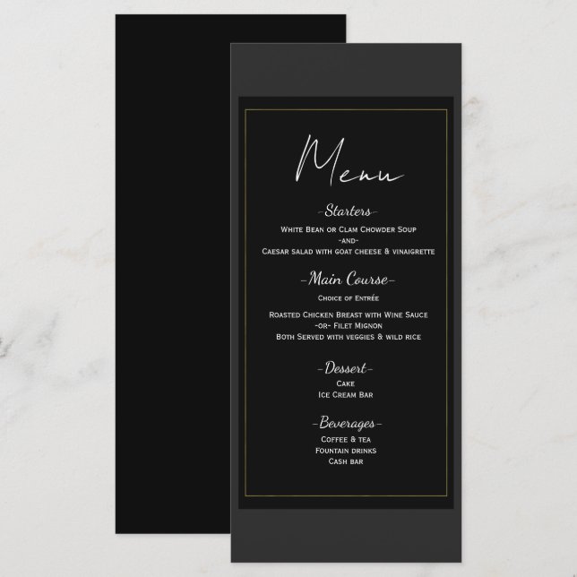 Menu de mariage minimal moderne noir gris or (Devant / Derrière)