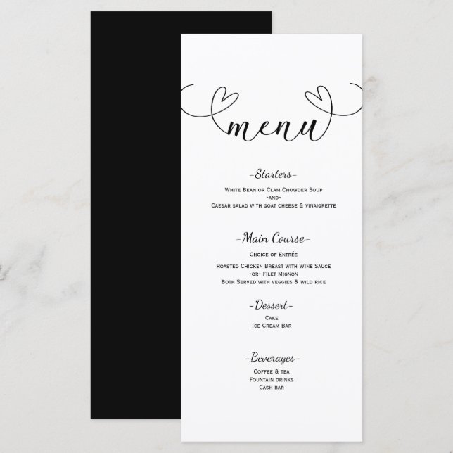 Menu de mariage minimal noir et blanc Modern Heart (Devant / Derrière)