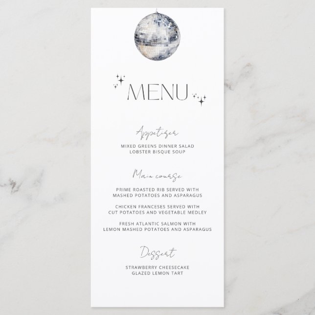 Menu de mariage minimaliste boule disco argent (Devant)
