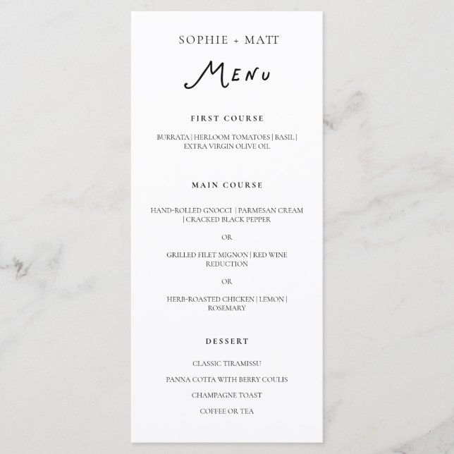 Menu de mariage minimaliste calligraphié fantaisis (Devant)