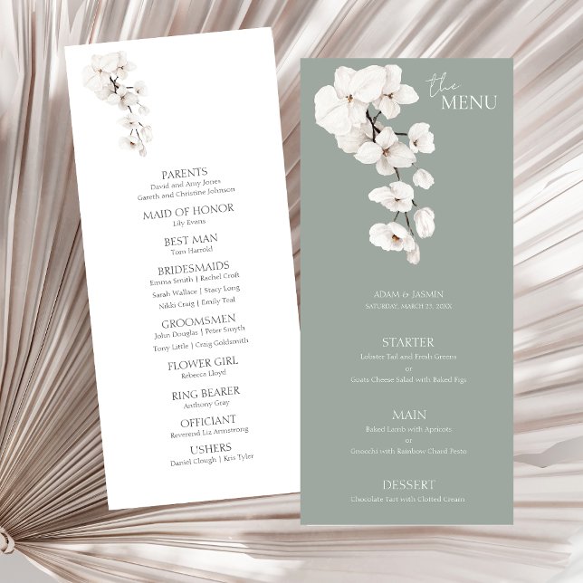Menu de mariage moderne aux orchidées blanches et  (Modern Sage Green White Orchids Wedding Menu Cards)