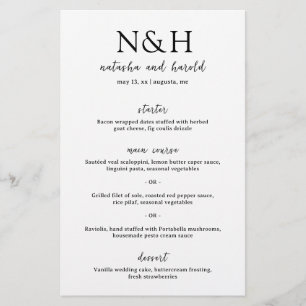 Menu de mariage moderne noir et blanc à monogramme
