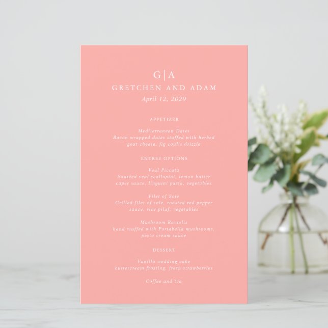 Menu de mariage moderne rose corail élégant (Debout devant)